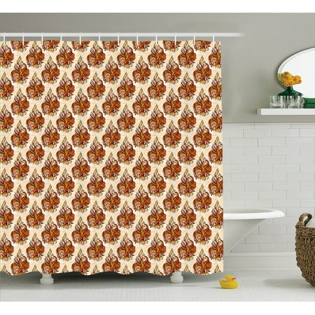 Batik Decor Shower Curtain, Retro Cone-Shaped Mehndi Forms Ethnic Traditional Feminine Kitsch Art Print, Fabric Bathroom Set with Hooks, 69W X 75L Inches Long, Orange Beige, by