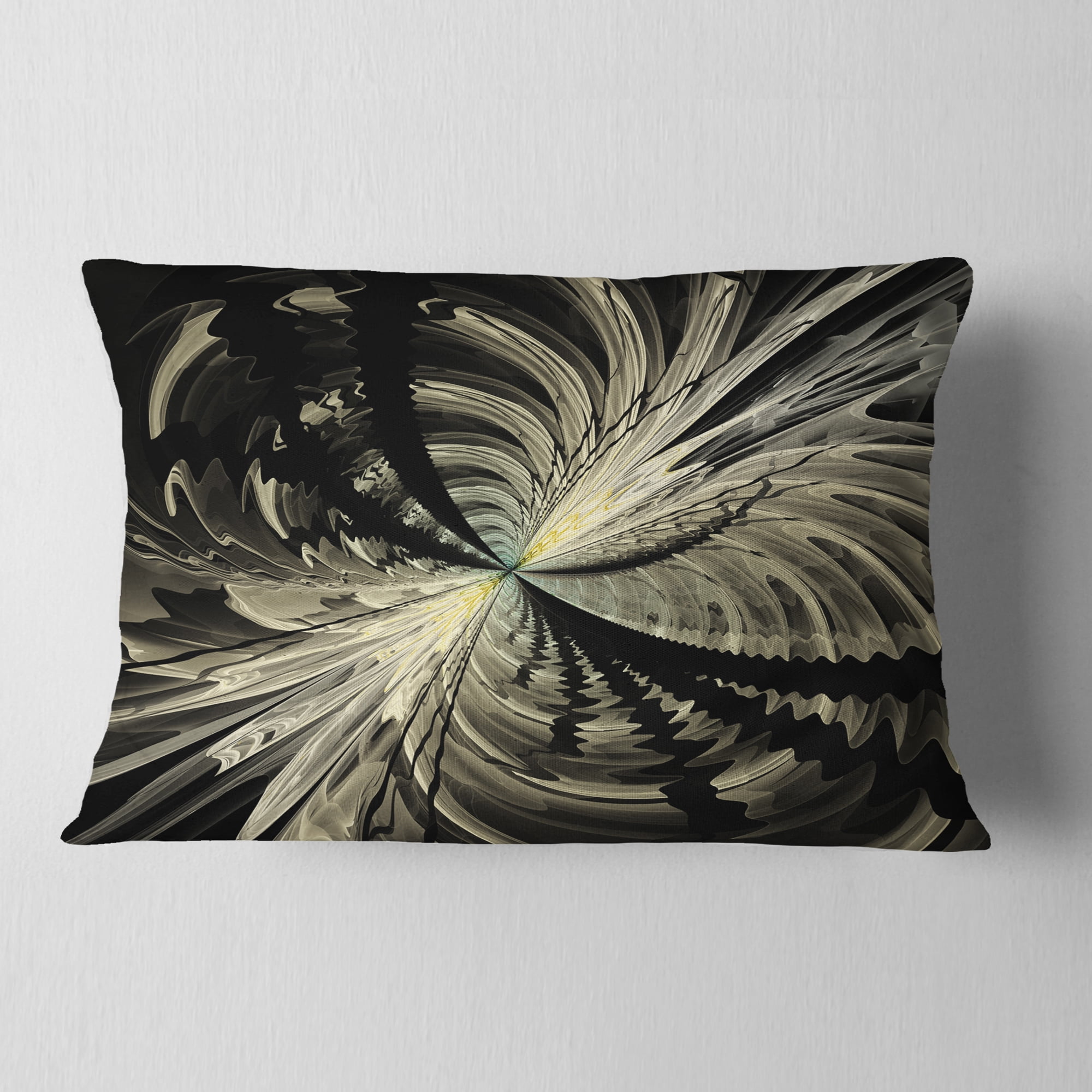 Designart 12" x 20" Contemporary and Modern Black Fractal and Flower Polyester Throw Pillow