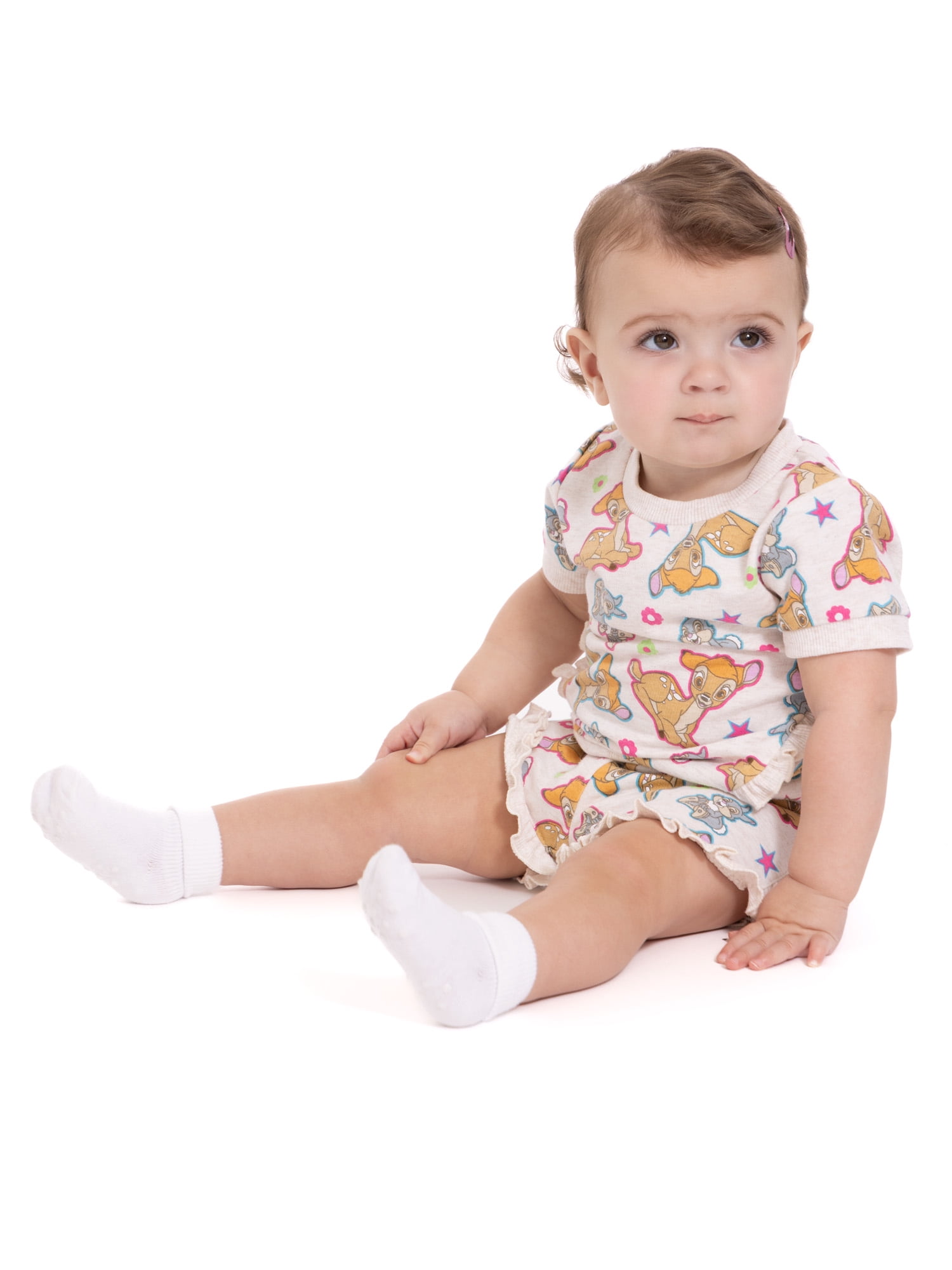 Bambi Baby Girls Short Sleeve Allover Print Ruffle Shirt and Matching Shorts Set, 2-Piece, Sizes 0/3M-24M