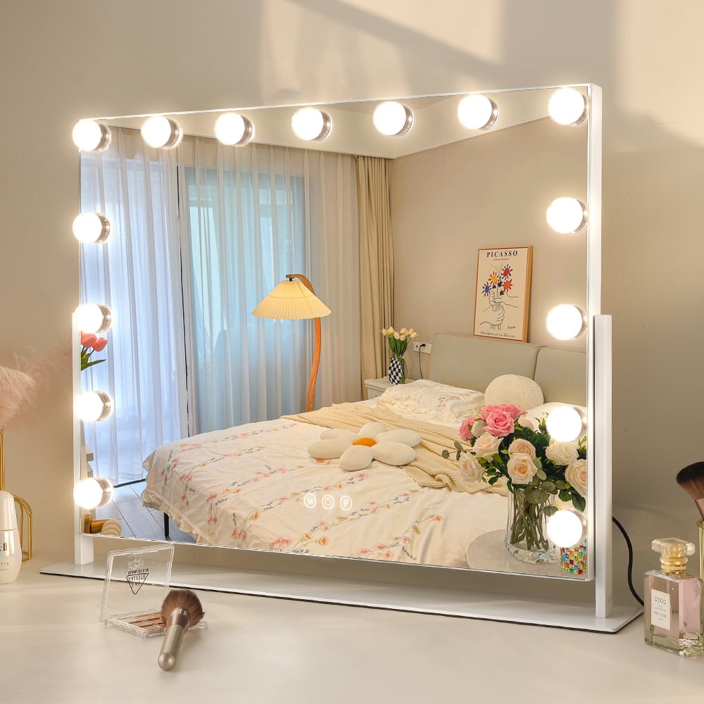 Fenair Large Hollywood Vanity Mirror with Lights 360° Swivel USB Charging Tabletop Metal White