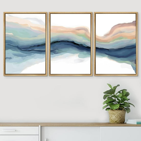 PixonSign Framed Wall Art Set Pastel Watercolor Teal Brown Paint Stroke Landscape Abstract Canvas Print Nature Wilderness Modern Art Decor Scenic Relax/Calm for Bedroom - 24"x36"x3 Panels Natural