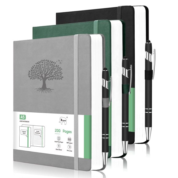 3 Pack Notebook for Work, Leather Journal for Women Men, A5 College Ruled Journal Notebook, Hardcover Notebooks with Pens,100GSM Paper, Office Supplies(Grey & Black & Green)