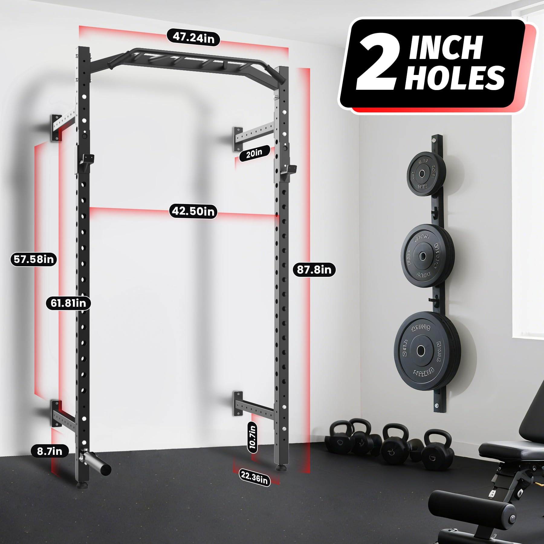 Ataucjin Wall Mounted Power Rack,Multi-Function Power Cage for Strength Training,1600LB Commercial Squat Rack for Home Gym with Multi-Grip Pull Up Bar,J-Cups & Landmine Attachment for Home and Garage