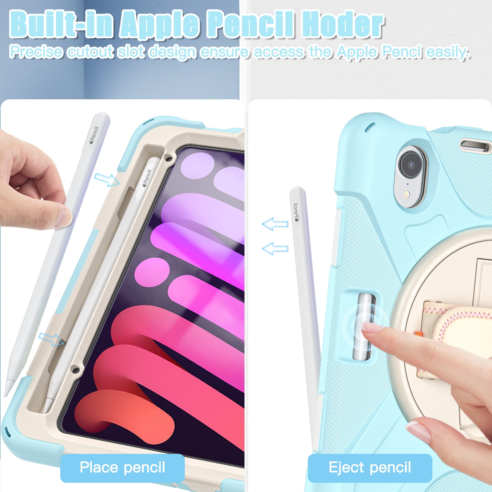 Portable Rugged Case for 2021 Apple iPad Mini 8.3" (6th Generation 2021 Release) - Rotating Stand Case with Adjustable Hand/Shoulder Strap, Built-in Pencil Holder, Shockproof Hard Cover (Light Blue)