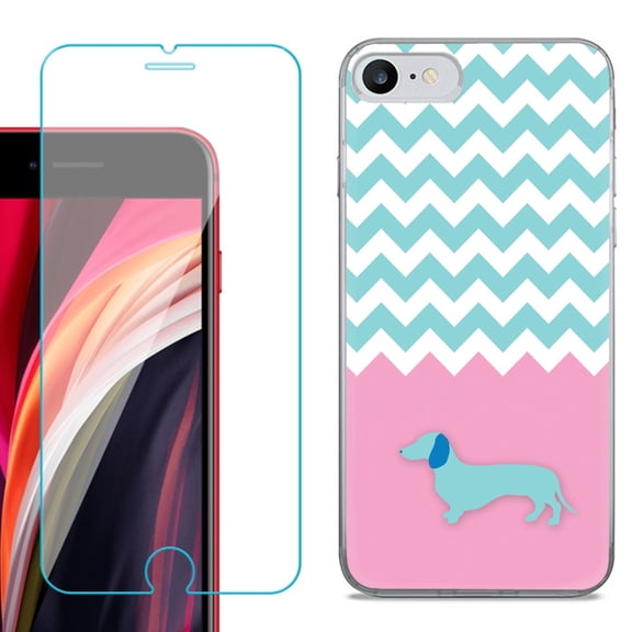 Slim-Fit Fashion Gel Phone Case for iPhone SE 2022, with Tempered Glass Screen Protector, by OneToughShield ® - Chevron/Dachshund/Puppy