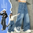 thumbnail image 4 of XIMIN Teen Girls Wide Leg Floor Denim Pants Cargo Jeans Baggy Loose High Waist Casual Trousers Vintage Streetwear Y2k Trousers with Pockets Straight, 4 of 9