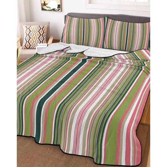 Colorful Striped Full Size Down Alternative Comforter, Lightweight Comforter Quilt Bedding Set with Pillow Shams Sage Green Pink White Vertical Lines All Seasons Bed Comforter Duvet Insert 78"x90"