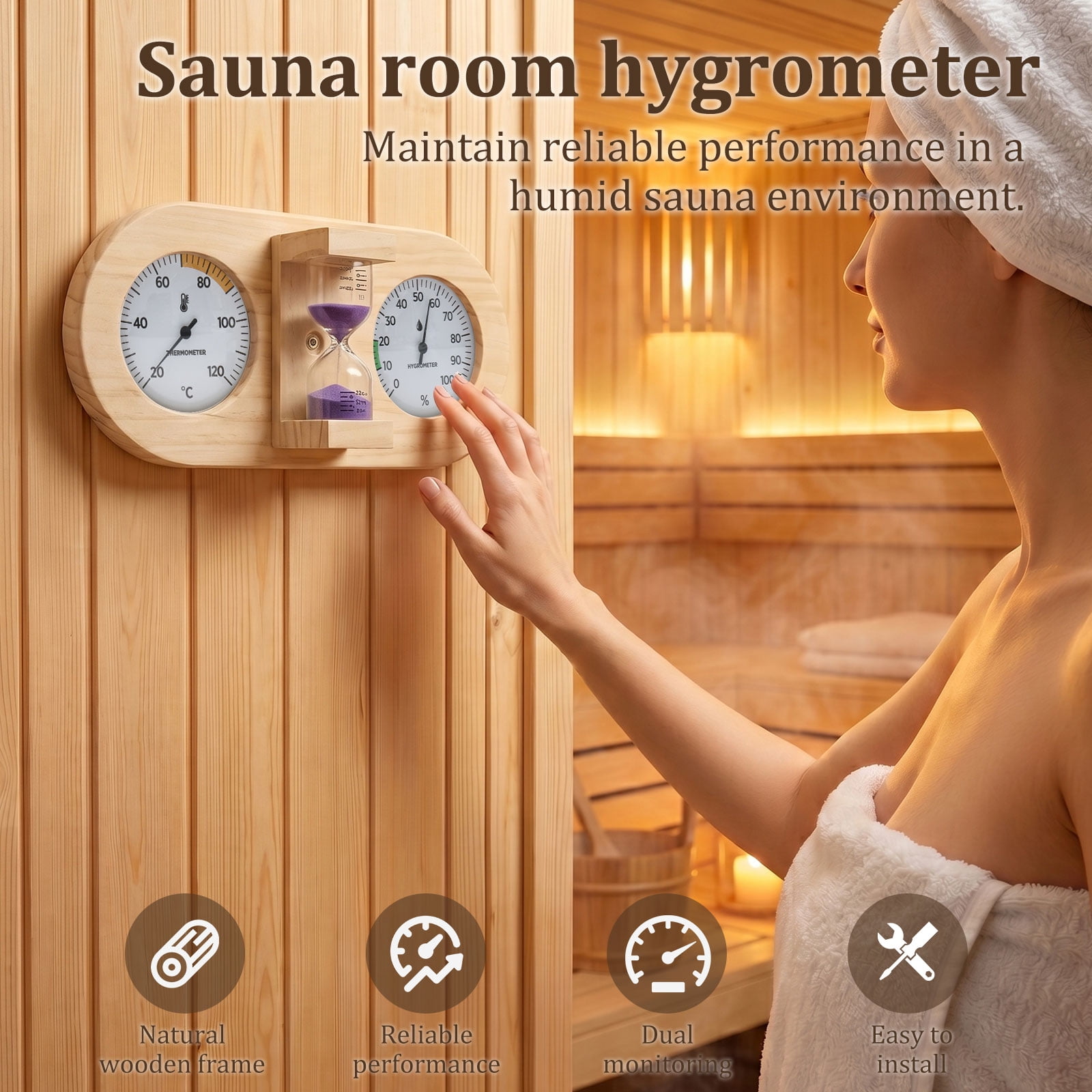 Xdziklosj Wooden Sauna Thermometer Hygrometer with 15 Minute Hourglass Timer Wall Mount Sauna Temperature Gauge for Home and Commercial Use