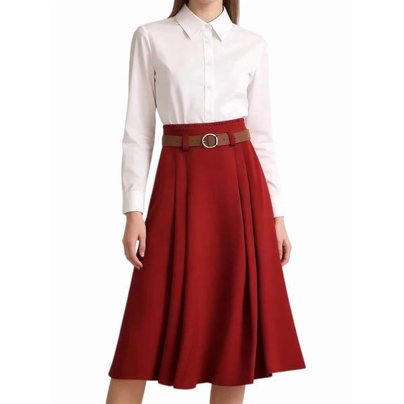 Women's Midi High Waist A-Line Flared Vinage Belt Skirt for Daily Wear Red S