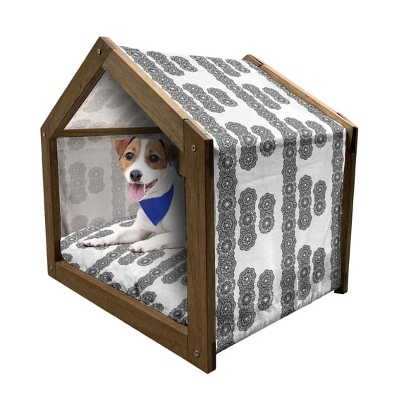 Oriental Pet House, Round Mandala Moroccan Ornament Mosaic Tile Print, Outdoor & Indoor Portable Dog Kennel with Pillow and Cover, 5 Sizes, White Black, by Ambesonne