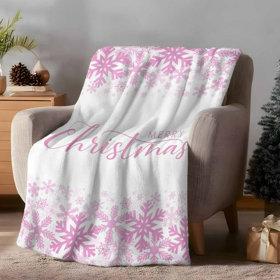 Throw Blanket Fleece Throw Blanket 40x50in, Merry Christmas Words on White Soft Lightweight Bed Blankets Winter Pink Snowflakes Fuzzy Couch Blankets for All Season