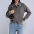 thumbnail image 6 of Women'S Denim Spliced Collar Zip‑Up Knit Cardigan Top Dark Gray One size, 6 of 7