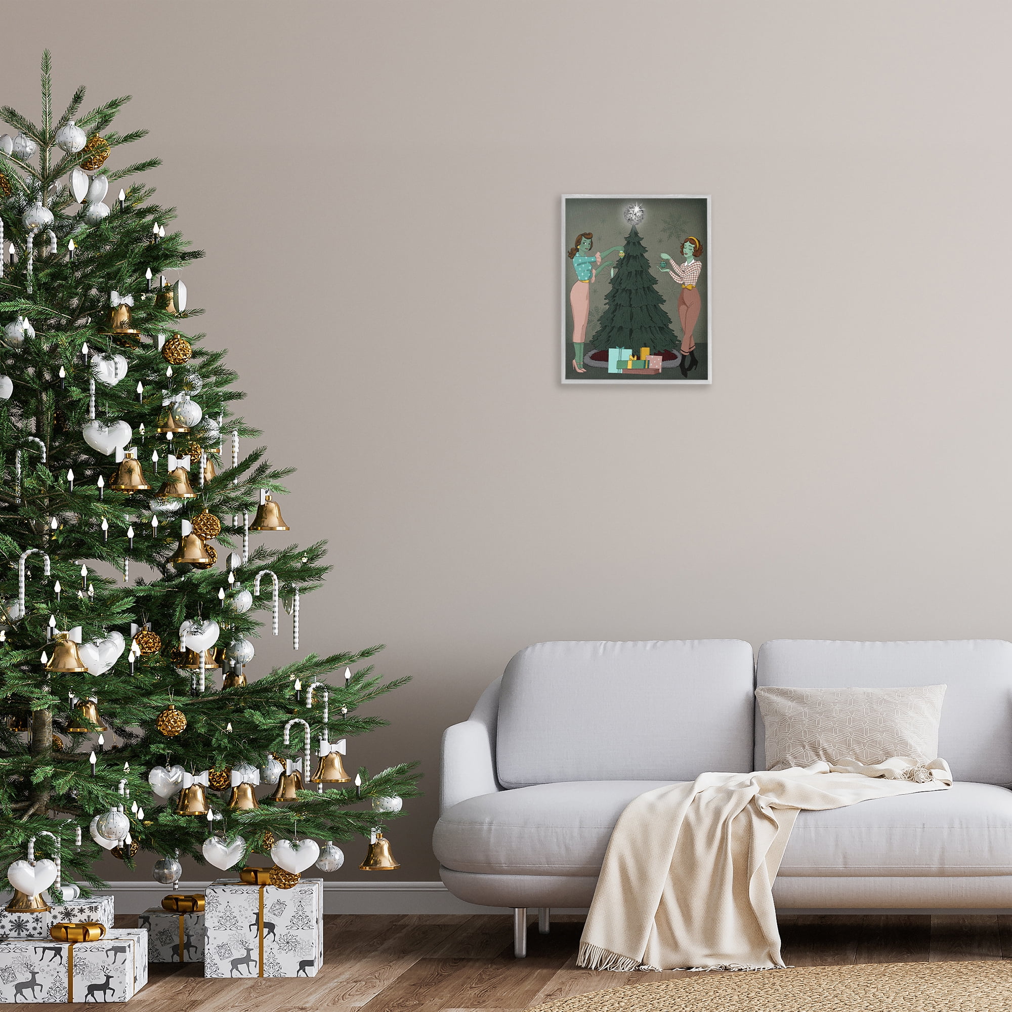 Stupell Industries Girls & Christmas Tree Holiday Painting Gray Framed Art Print Wall Art, 16 x 20