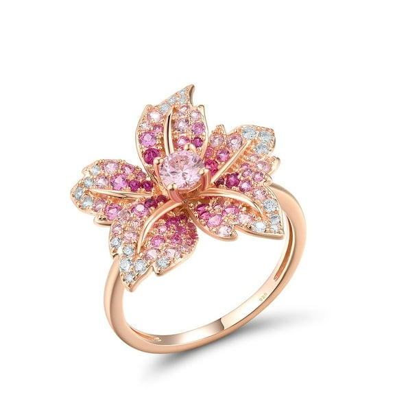 Santuzza 925 Sterling Silver Lily Ring Created Pink Sapphire Cubic Zirconia Gemstone Flower Statement Ring for Women