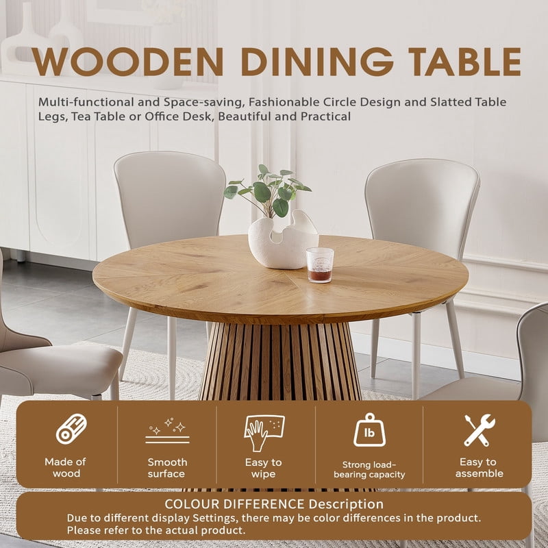 47.24'' Round Wooden Dining Table for 4, Accent Kitchen Dinner Table with Splicing Design Tabletop & Fluted Base