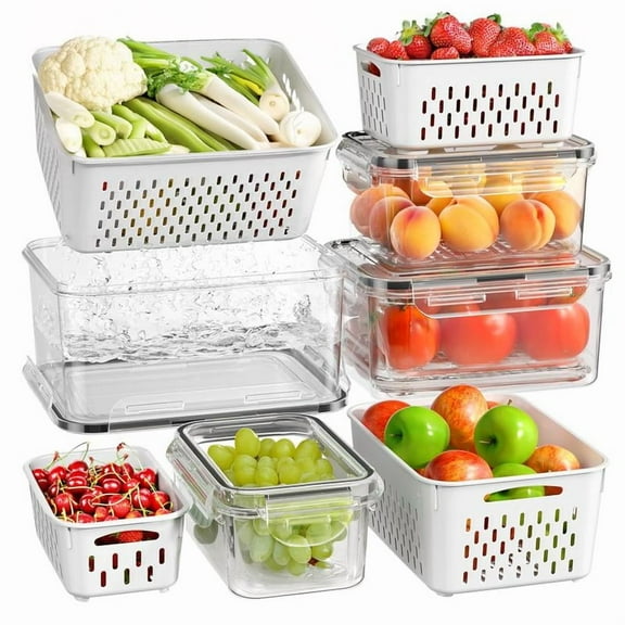 Fruit and Vegetable Organizer, 8-pack Double DrainerFruit & Vegetable Storage Box,,Kitchen Accessories Storage Organizer, Household Essentials