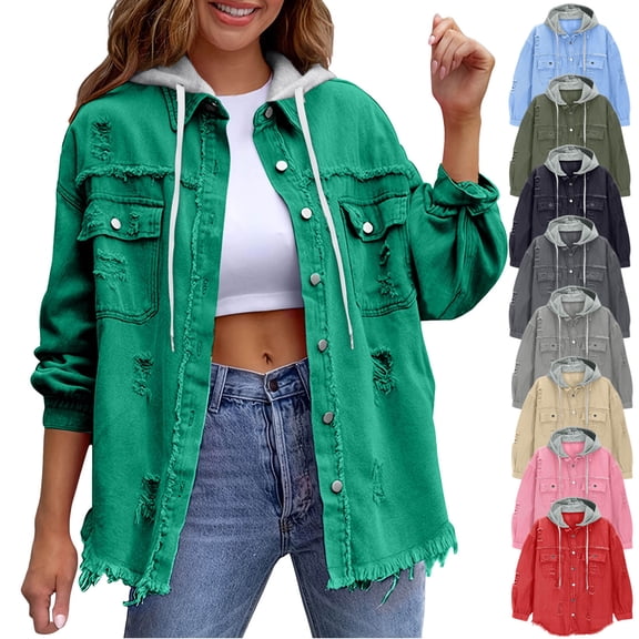HomeDM Denim Jacket for Women, Button Down Long Sleeve Coat with Detachable Hood, Green