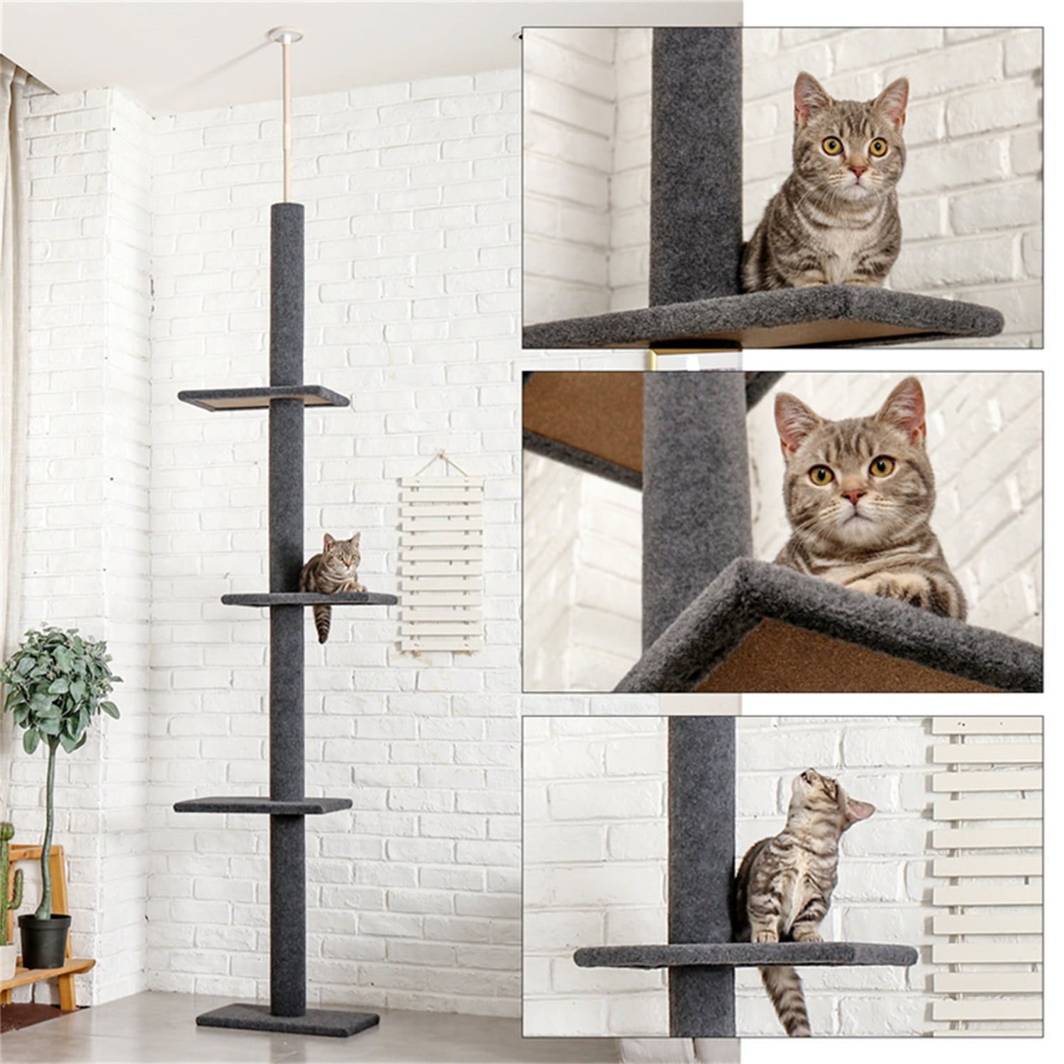 Pefilos Three Tier Cat Tower for Indoor Cats Floor-to-Ceiling Cat Tree Cat Climbing Tree Modern Cat Tree Tower 9 Feet (Adjustable 90"-108" Tall), Gray Pefilos Three Tier Cat Tower for Indoor Cats Floor-to-Ceiling Cat Tree Cat Climbing Tree Modern Cat Tree Tower 9 Feet (Adjustable 90"-108" Tall), Gray