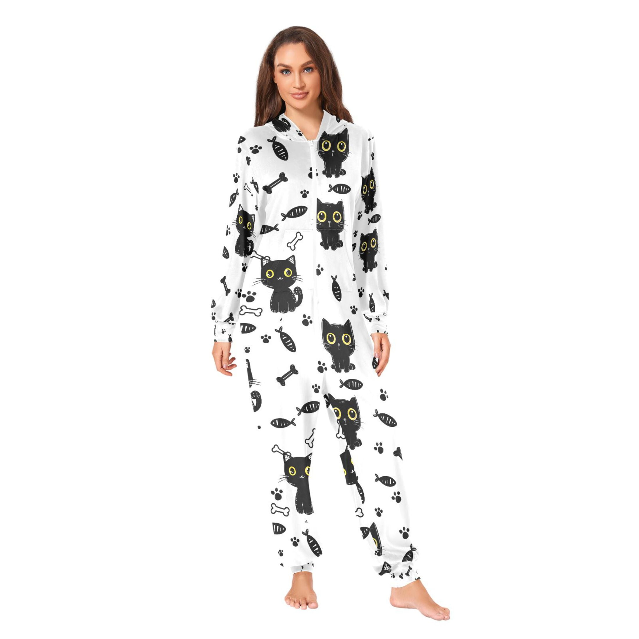 Adult Christmas Onesie Black Cat Footprint Adult Zipper One-Piece Pajamas Unisex Pajamas with Pockets