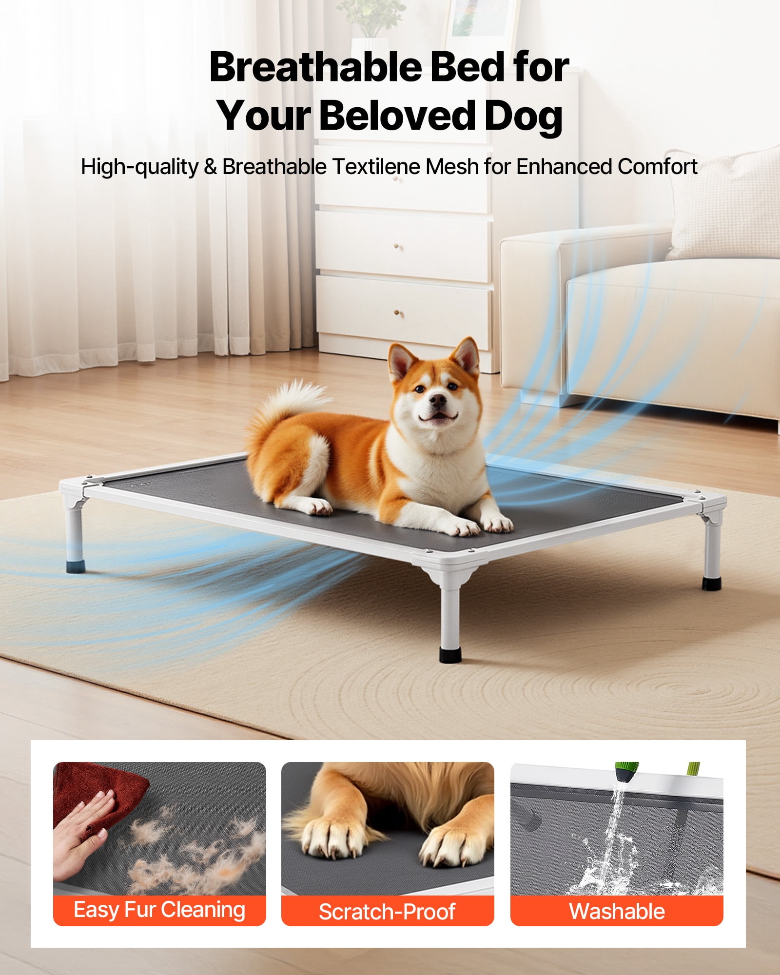 VEVOR Elevated Dog Bed for Large Dogs, Portable Raised Dog Cot with Aluminum Tube Metal Frame and Breathable Textilene Mesh, Indoor & Outdoor Pet Cooling Raised Hammock Bed, L, Gray