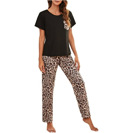 

Odeerbi Clearance Women Pajama Sets Long Sleeves Sleepwear Fashion Leopard Home Wear Pajamas Two-Piece Suit Pants Pajama Set Homewear Black