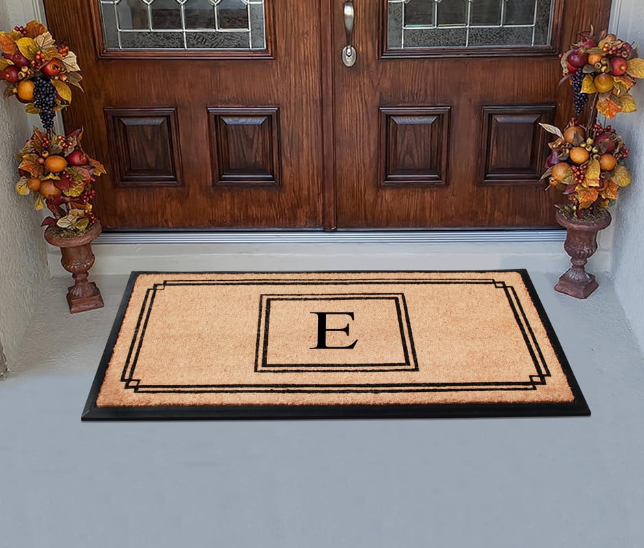 A1 Home Collections Rubber & Coir Mat, Heavy Duty, Extra Large, Front Door Mat 24"X48", Black/Beige Doormat Monogrammed E