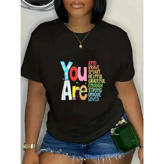 Women's Inspirational Graphic T-Shirt - Positive Affirmations Short Sleeve Crew Neck Casual Tee - You Are Kind Brave Smart Strong Unique Loved