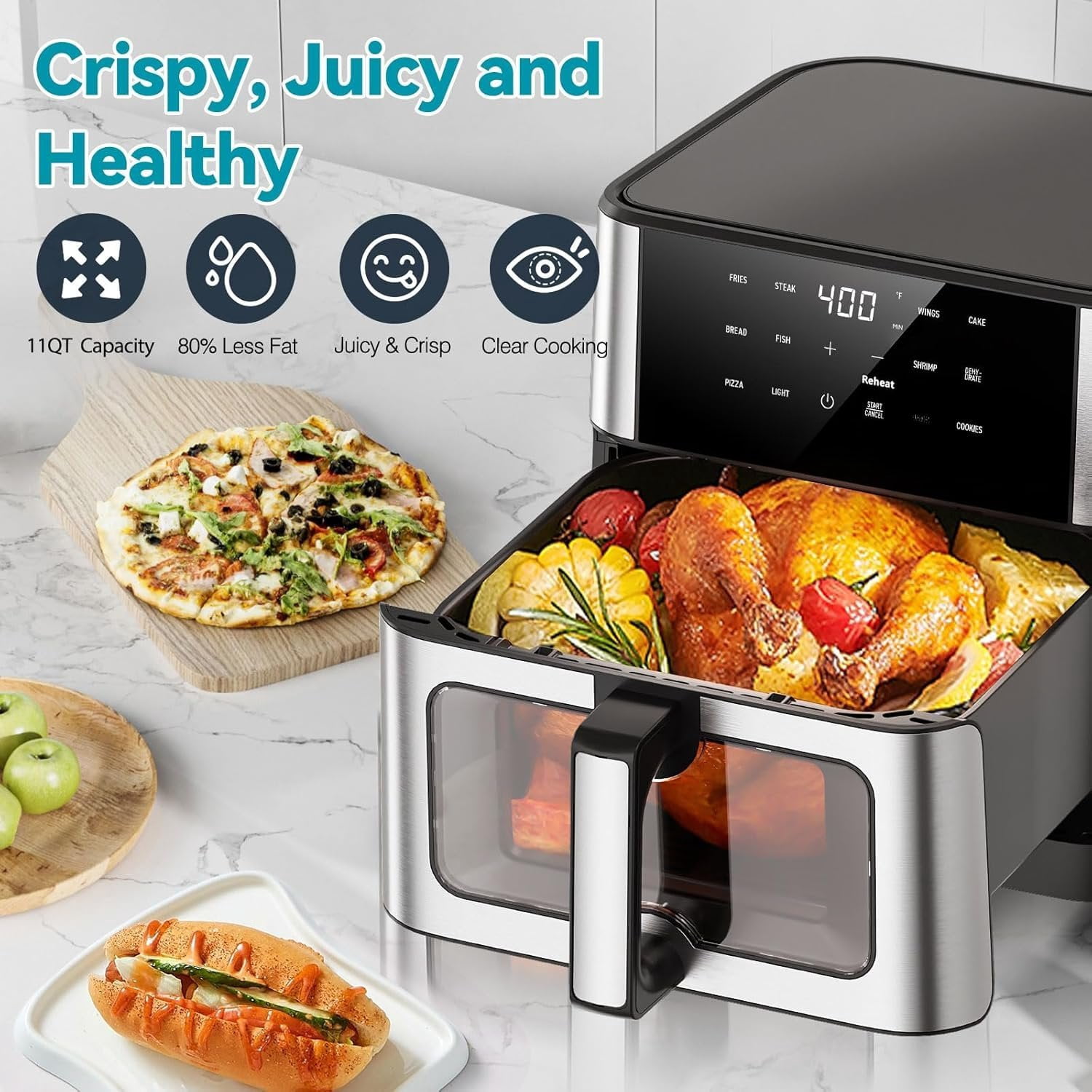 Air Fryer 10.2 QT Oilless 1700W Large Capacity Oven Air Fryers Cooker with 10 Preset, Large AirFryer for Families Visual Cooking Window, Non- Basket, Included Recipe