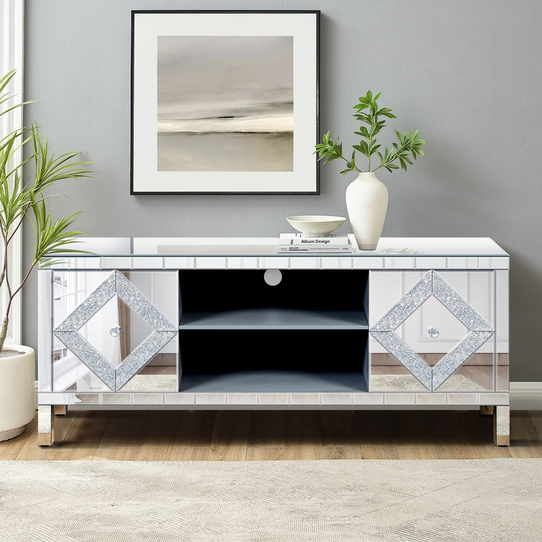 Atumcto Modern Mirrored TV Stand for 65in TV - Diamond Mirror Doors Media Console, Adjustable Storage, Wood Entertainment Center for Living Room, Silver