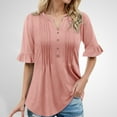 thumbnail image 2 of MIXUE Boho Tops For Women Summer Solid Color V Neck Button Short Sleeve Fashion Loose Casual Pleated Tee Shirts Sportswear,Pink,XL, 2 of 6