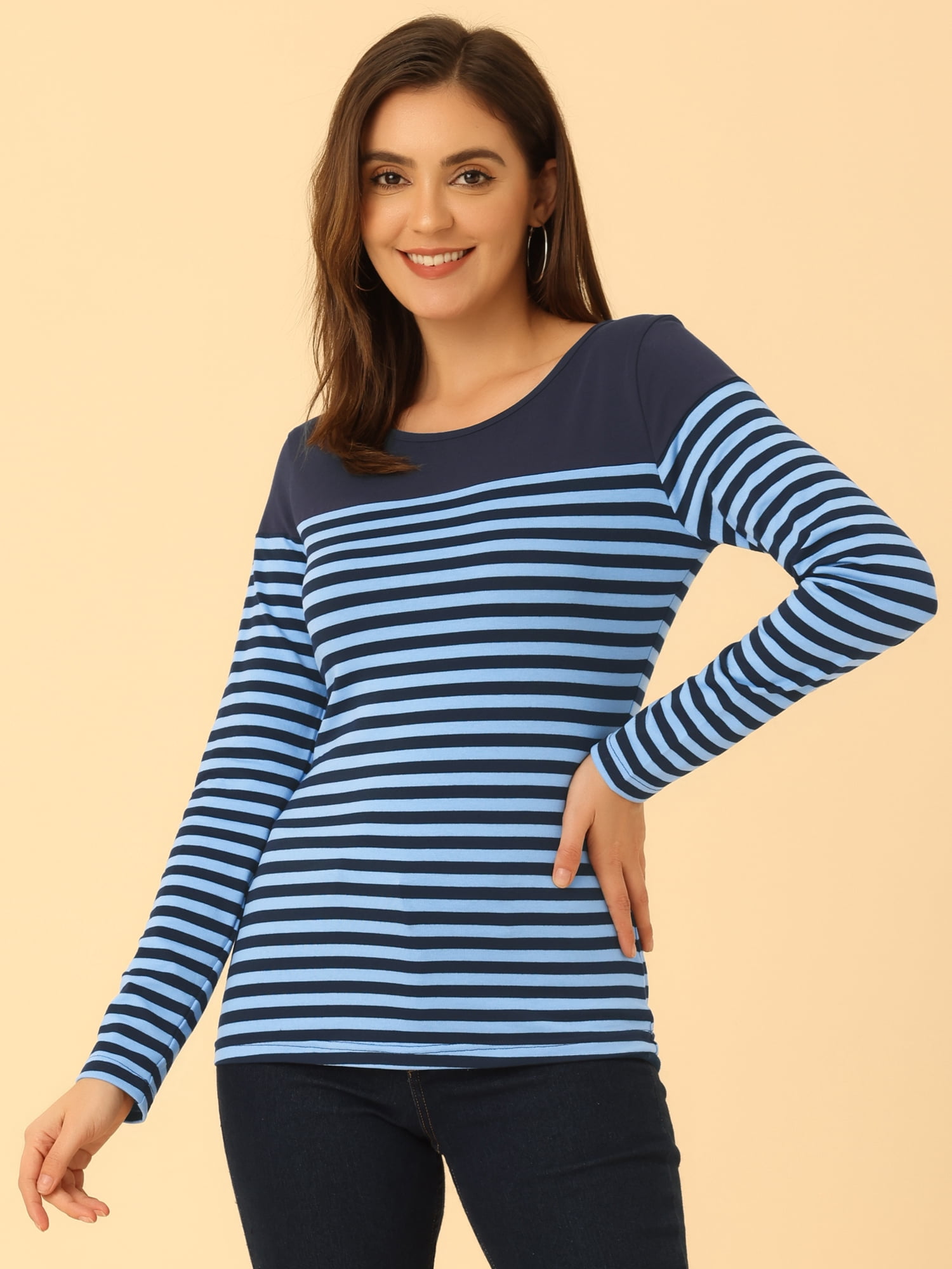 DARING DIVA Women's Color Block Striped Knit Top Long Sleeves T-Shirt L Navy Blue