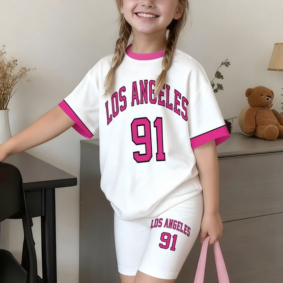 Girls Letter Print Short Sleeve Shorts Casual Summer Outfit For Toddler Kids