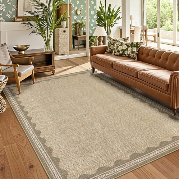 Washable 5x7 Rug for Living Room, Scalloped Tan Jute Digital Printing Modern Low-Pile Carpet for Bedroom Dining Nursery, Non Slip Mat with Rubber Back