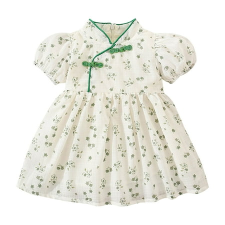 

CLZOUD Dress for Girls Green Cotton Blend Toddler Girls Short Sleeve Floral Prints Ruffles Princess Dress Dance Party Dresses Clothes 6