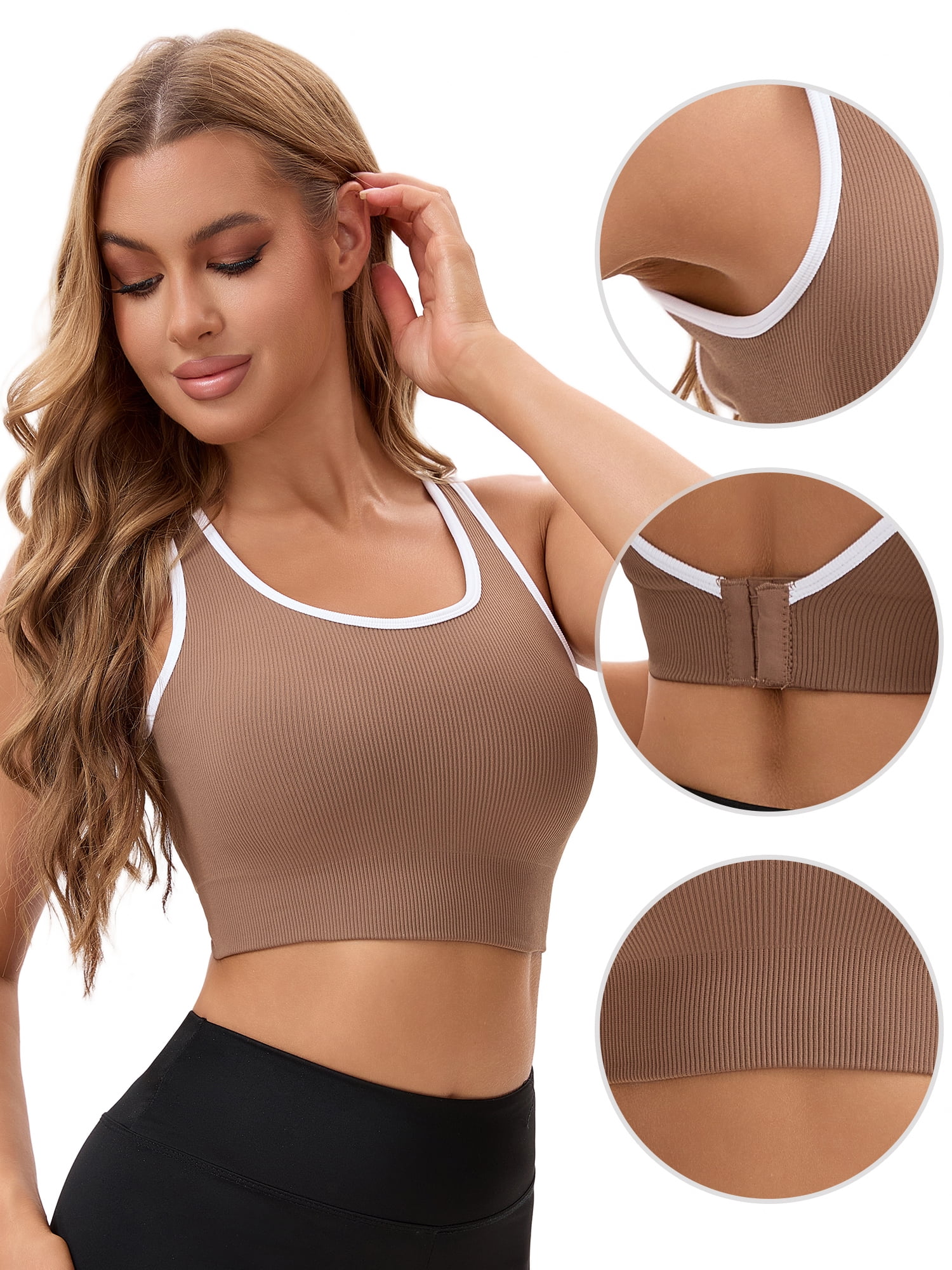 Unique Bargains Women's Contrast Color Open Back Workout Tank with Built-In Bras XL Brown