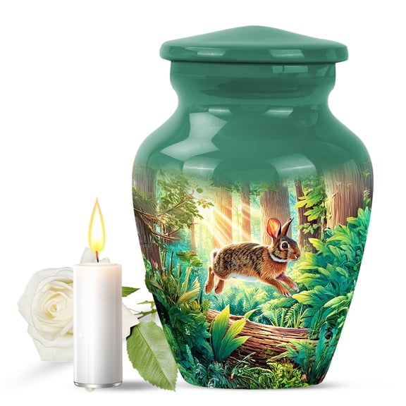 JAGASY Rabbit Urn for Ashes Adult Male, Green Small Urns for Human Ashes Keepsake, Forest Trees & Sunlight Decorative Urns for Sister, Memorial Urn for Brother, (3 Inch)