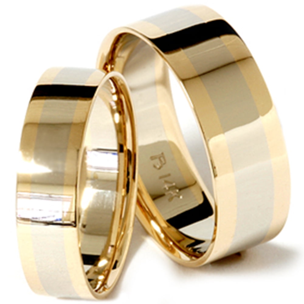 14K TWO TONE GOLD MATCHING HIS & HERS WEDDING BANDS RINGS MENS WOMENS SET 