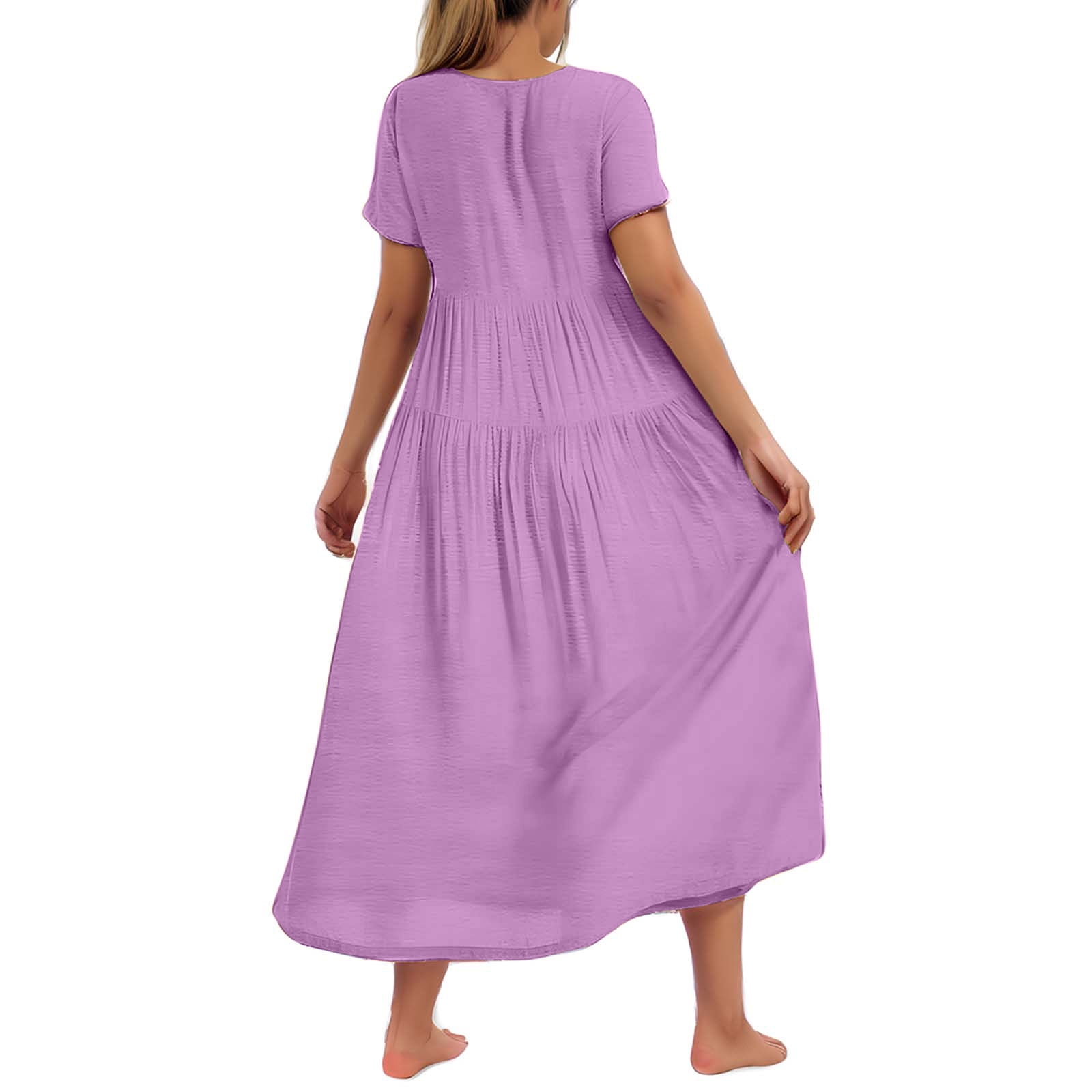 Hueook Casual Dresses for Women Women's Flower Solid Color Casual Short Sleeve Crewneck Dress Casual Flowy Tiered Maxi Beach Dress Purple XL