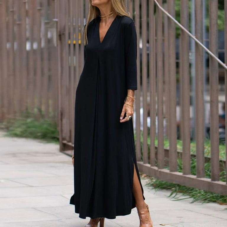 Blczomt Casual Holiday Dresses for Women 2025 Long Sleeve Black Loose Dresses Slit Solid Tie Waist Dress, Women's, Size: 4,6,8,10,12,14,16,18,20