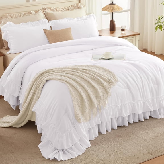 White Queen Comforter Set 3 Pieces Lightweight Fluffy Farmhouse Ruffle Bedding Shabby Chic All Season
