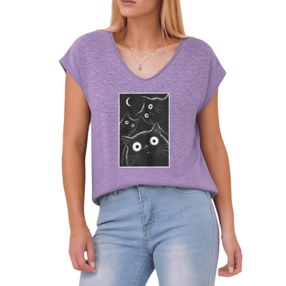 Giffimy Women's Funny Black Cat Moon Art Print Purple S-5XL V-Neck Sleeveless T-Shirt Cat Lover Tank Top