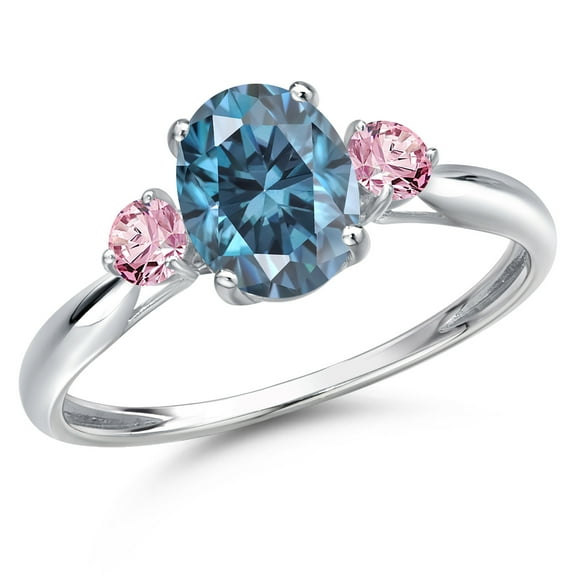 Gem Stone King 10K White Gold Persian Blue Moissanite and Pink Lab Grown Diamond 3-Stone Ring for Women | 1.64 Cttw | Oval 8X6MM | Gemstone Birthstone | Size 9