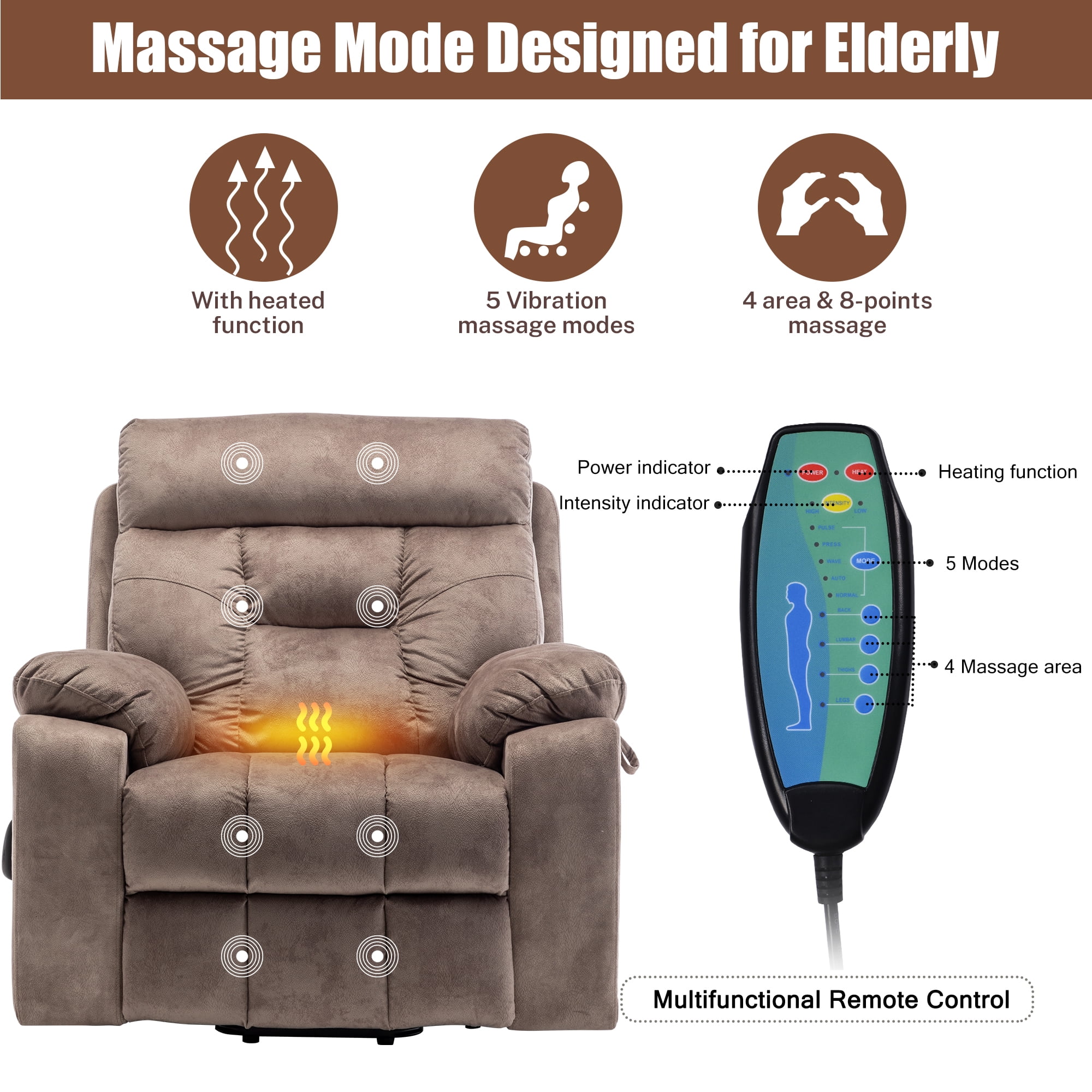 PAPROOS Oversized Electric Massage Lift Chair, Large Power Lift Recliner with Heat Therapy, Fabric Reclining Sofa with Remote, Hidden Cup Holder and Side Pocket for Elderly Seniors, Antique Brown