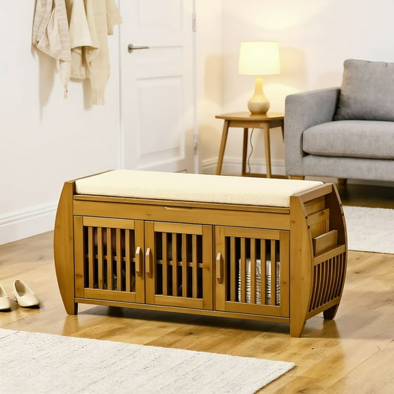 Yardi Yarda Shoe Bench with Storage Cabinets and Side Rack, Bamboo Entryway Bench with Seating Cushion, 3 Doors and Hidden Compartment for Indoor, Brown