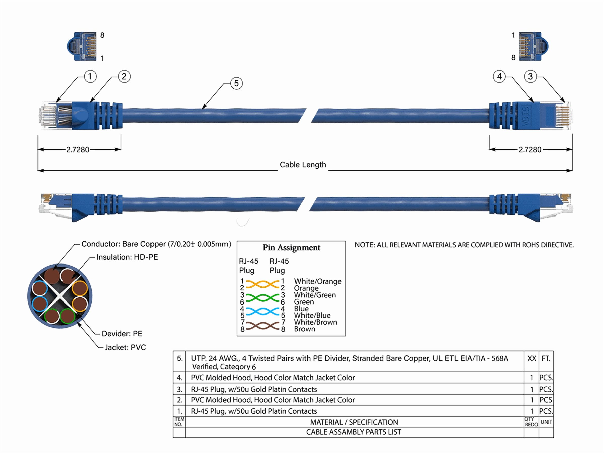 Cable Leader 50ft Cat6 UTP Ethernet Network Patch Cable Snagless 24AWG Bare Copper, Blue