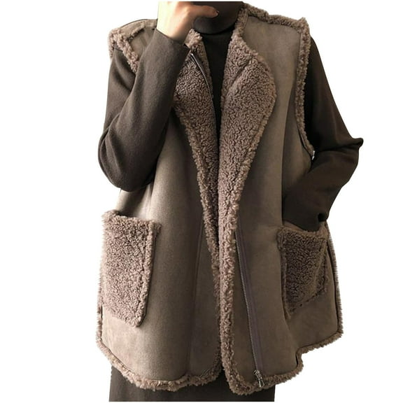 Htigea Faux Suede Vest for Women Sherpa Fleece Sleeveless Jackets Vintage Stylish Zip Up Outerwear With Pockets Coffee M