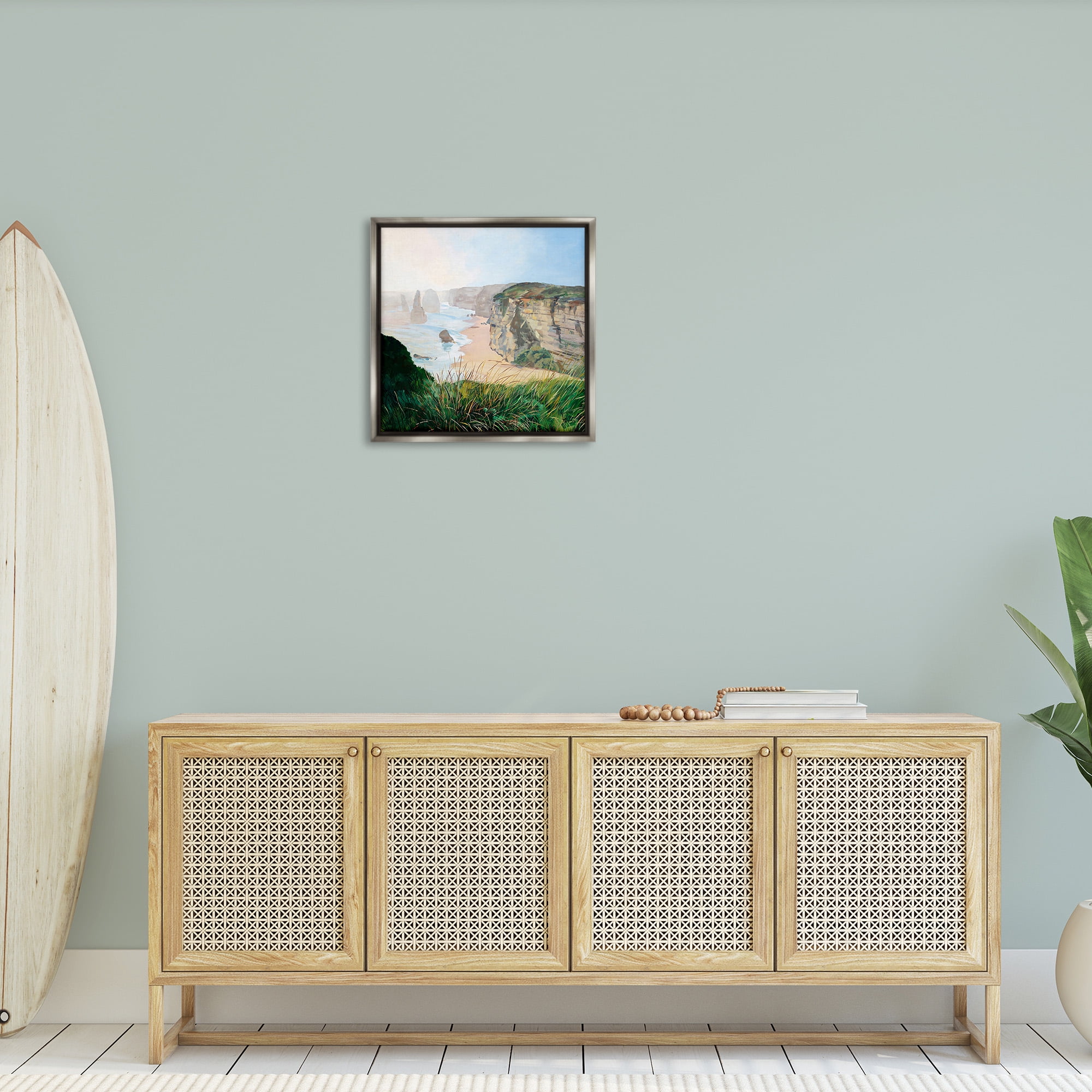Stupell Industries Nautical Beach Cove Landscape Painting Gray Floater Framed Canvas Art Print Wall Art, 25 x 25