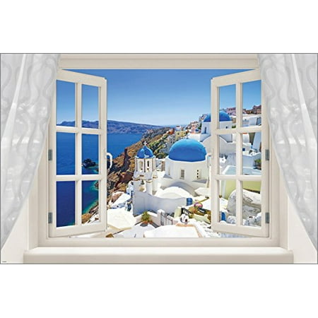 Window Into Santorini Greek Coast Famous White Wash & Blue Poster