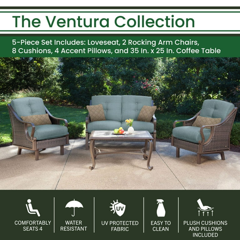 Hanover Ventura Wicker and Steel Outdoor Conversation Set Ocean Blue