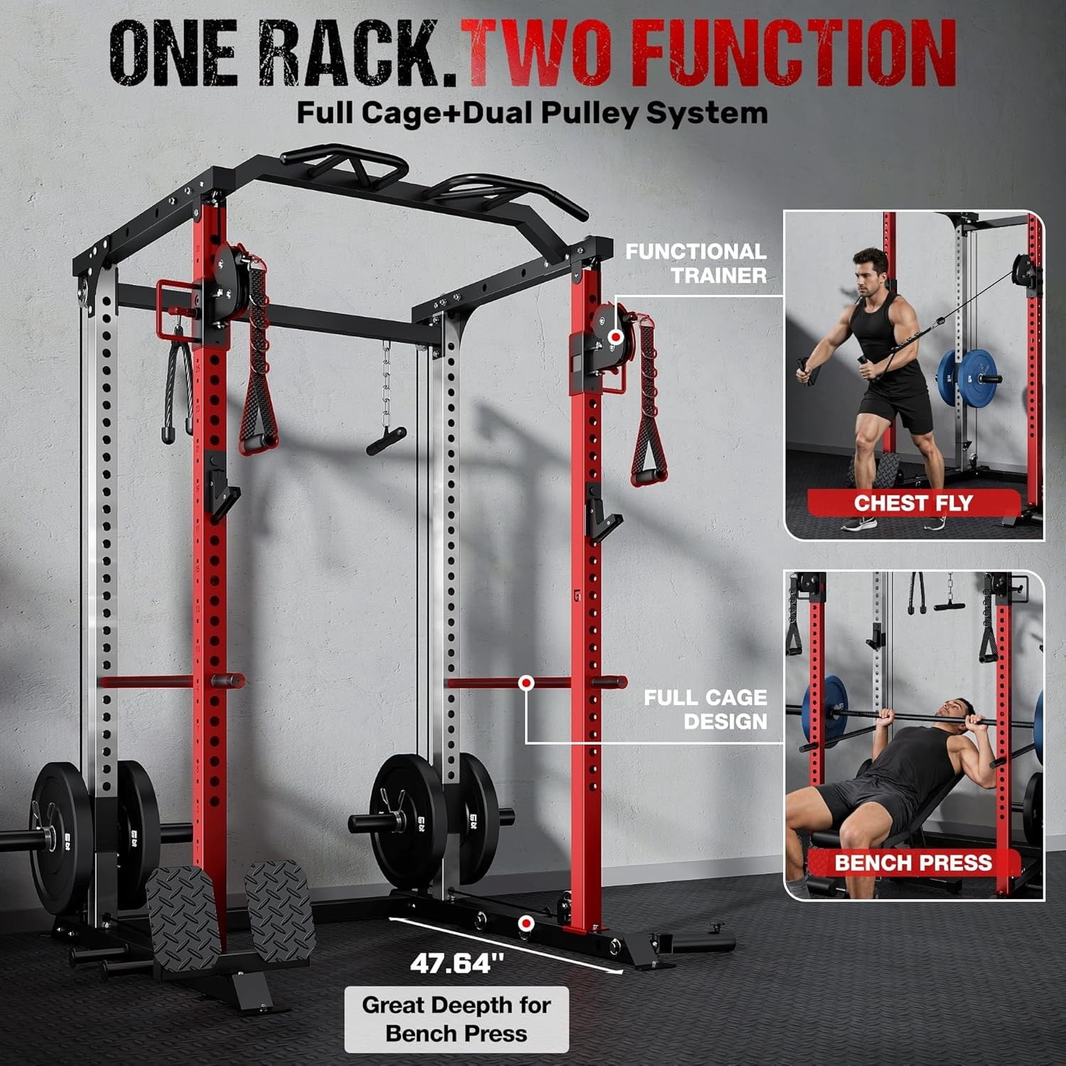 Power Cage, 2000LBS Squat Rack with with Cable Crossover and Dual Independent Pulley System, Full Cage for Full Body Training, Power Rack with More Training Attachments for Home Gym